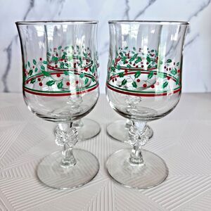 Set Of 4 Libbey Arby’s Holly Berry Christmas Water Glass Goblets Ribbons 8-10 oz